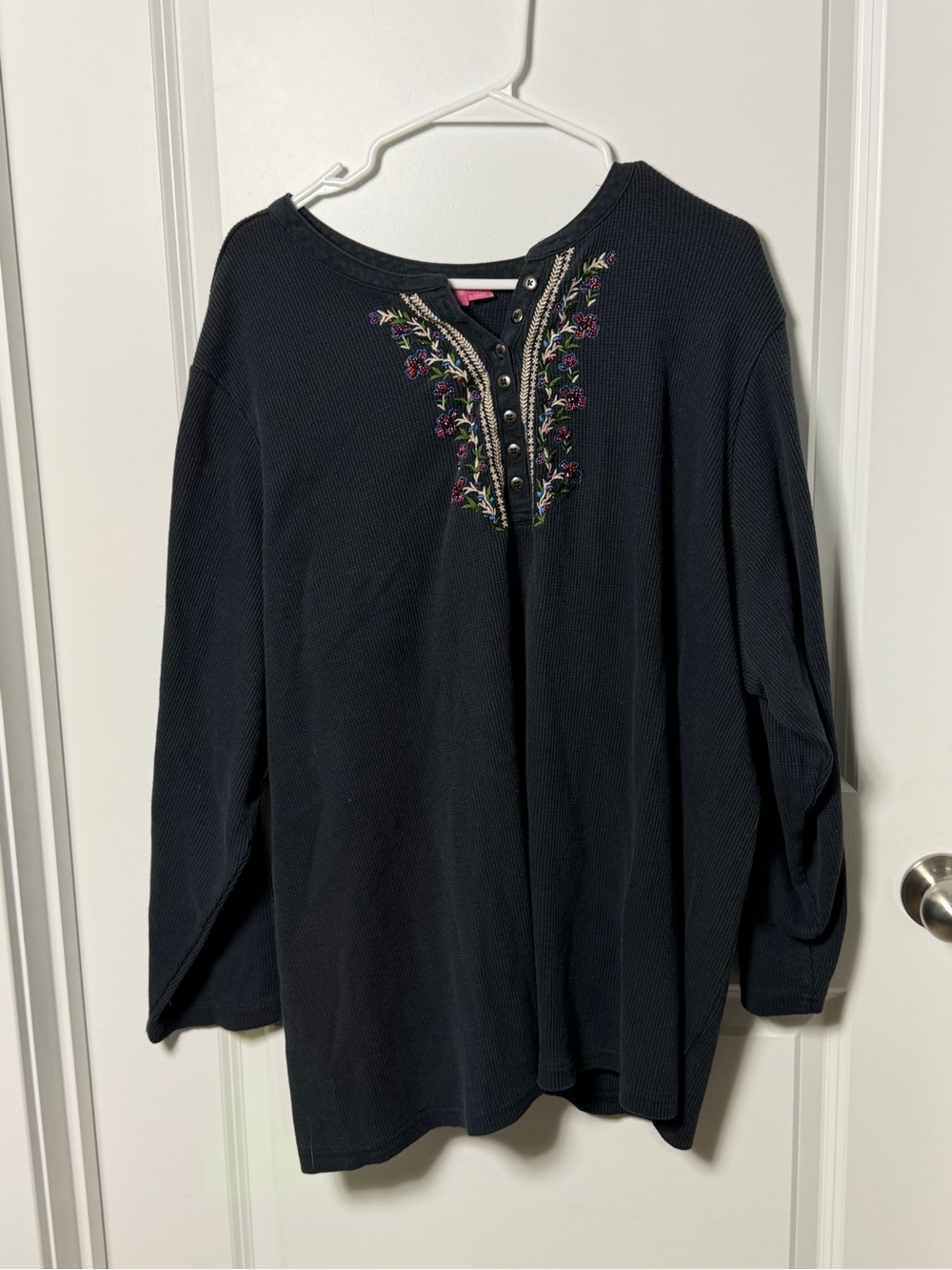 Vintage Woman Within Black Floral Embroidered Henley Thermal Top Women’s 4X